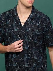 Men Navy Blue Cuban Collar Printed Co Ords Set-Kinsey-3333-Navyblue