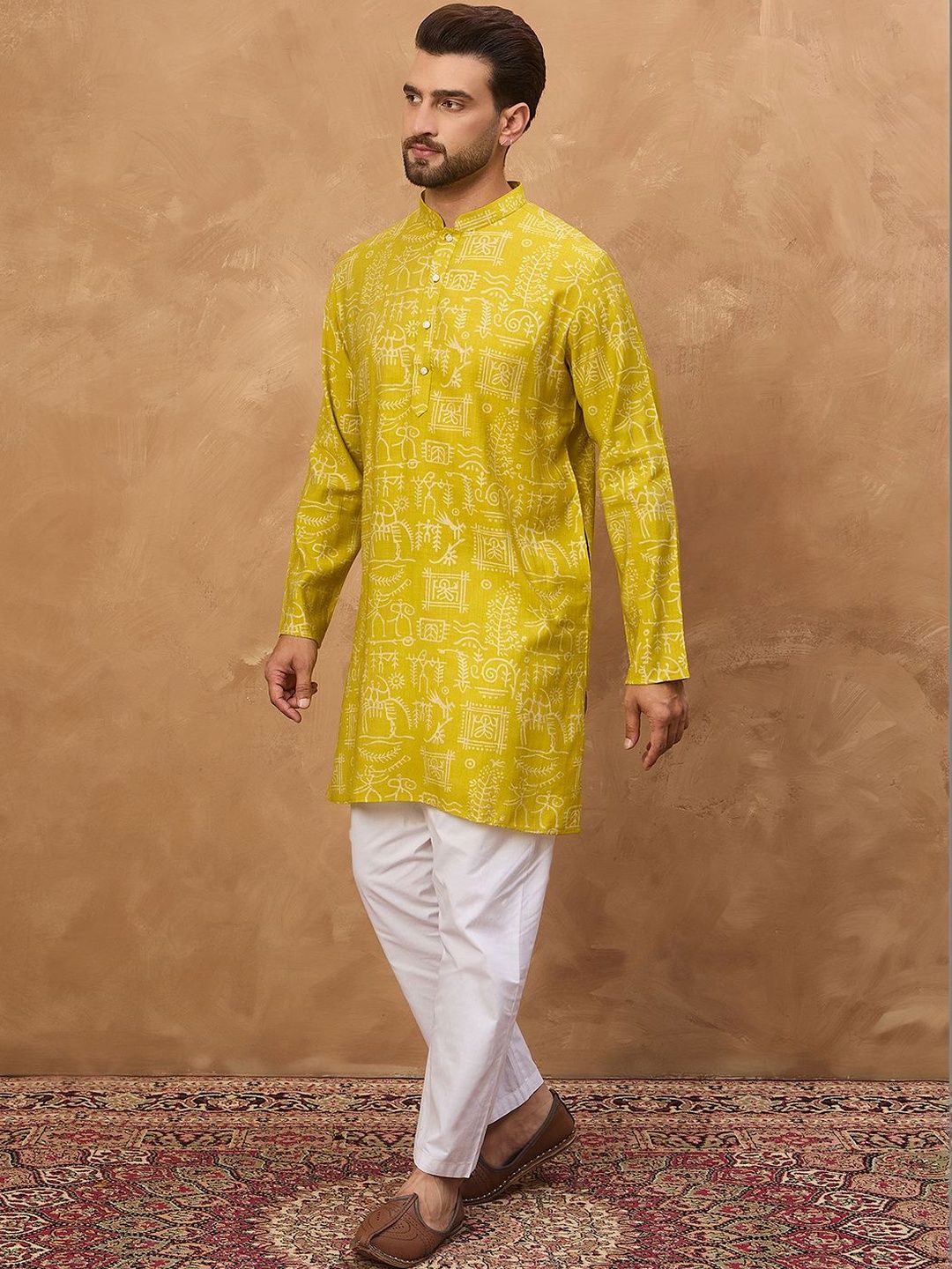 Ethnic Bay Men Yellow Viscose Rayon Ethnic Motifs Printed Straight Kurta With Pant Set-MKSET1542
