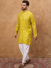 Ethnic Bay Men Yellow Viscose Rayon Ethnic Motifs Printed Straight Kurta With Pant Set-MKSET1542