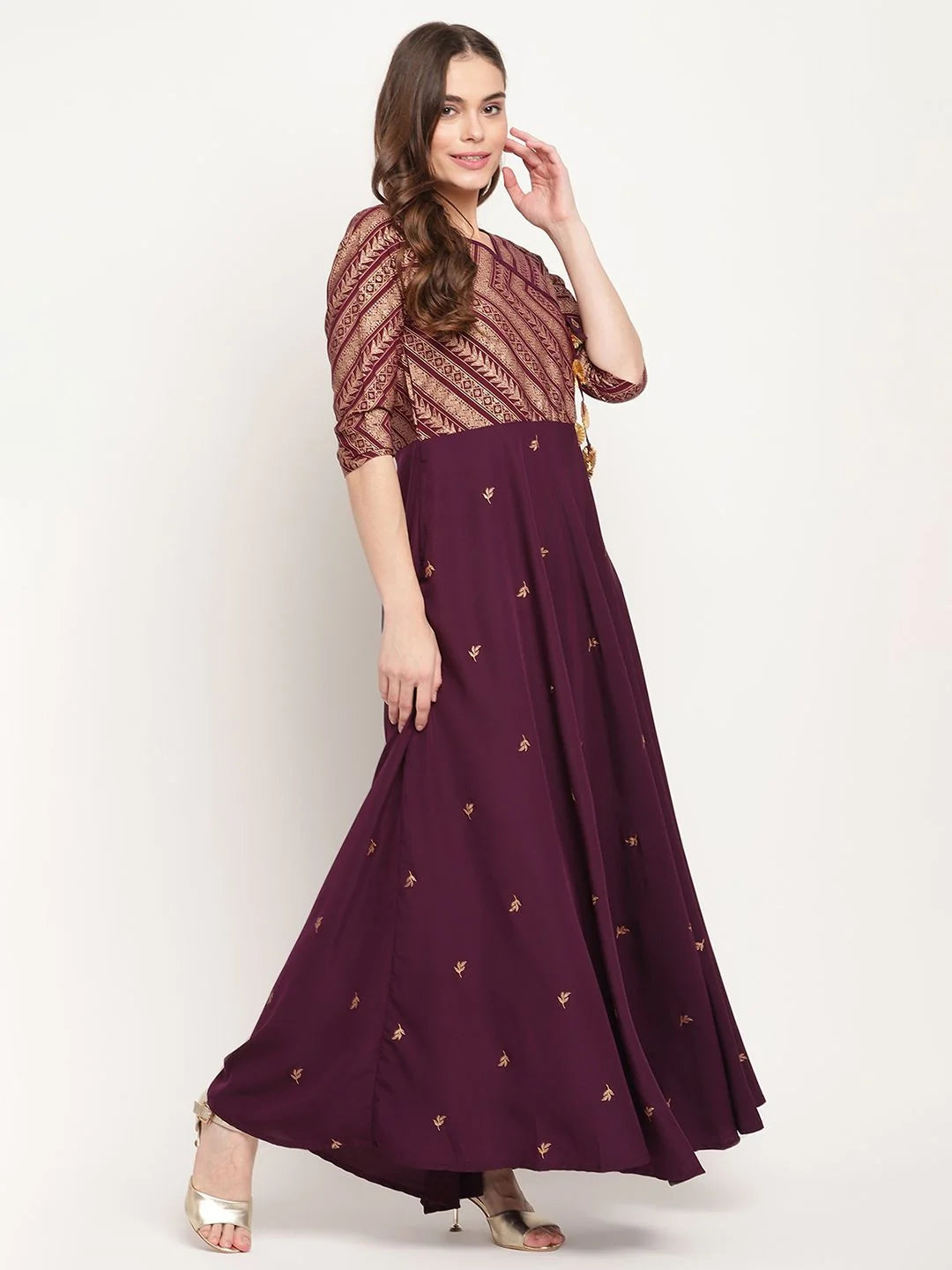 Wine Glitter Print Indian Kurta: Festive Kurtis for Ladies