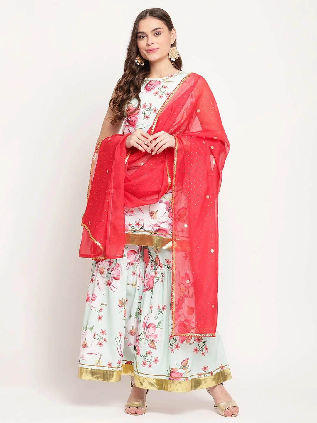 Mint Green Floral Print Sharara Set | Women's Designer Suit