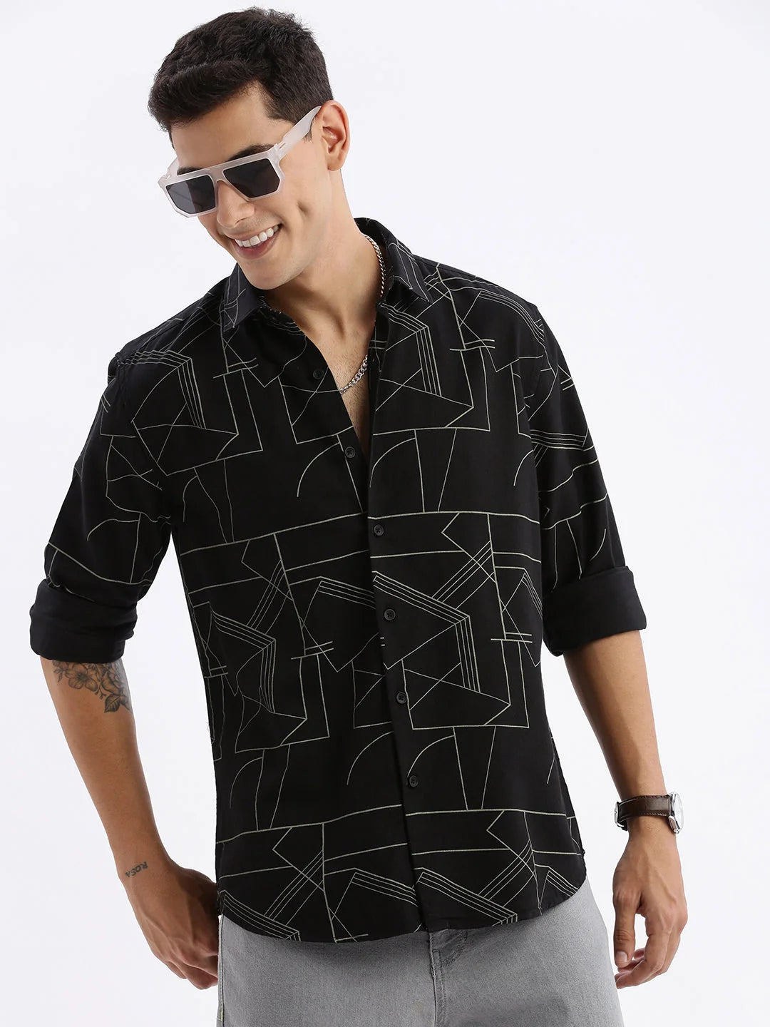 Mens Printed Slim Fit Cotton Shirt - Black DesiQlo Shirt