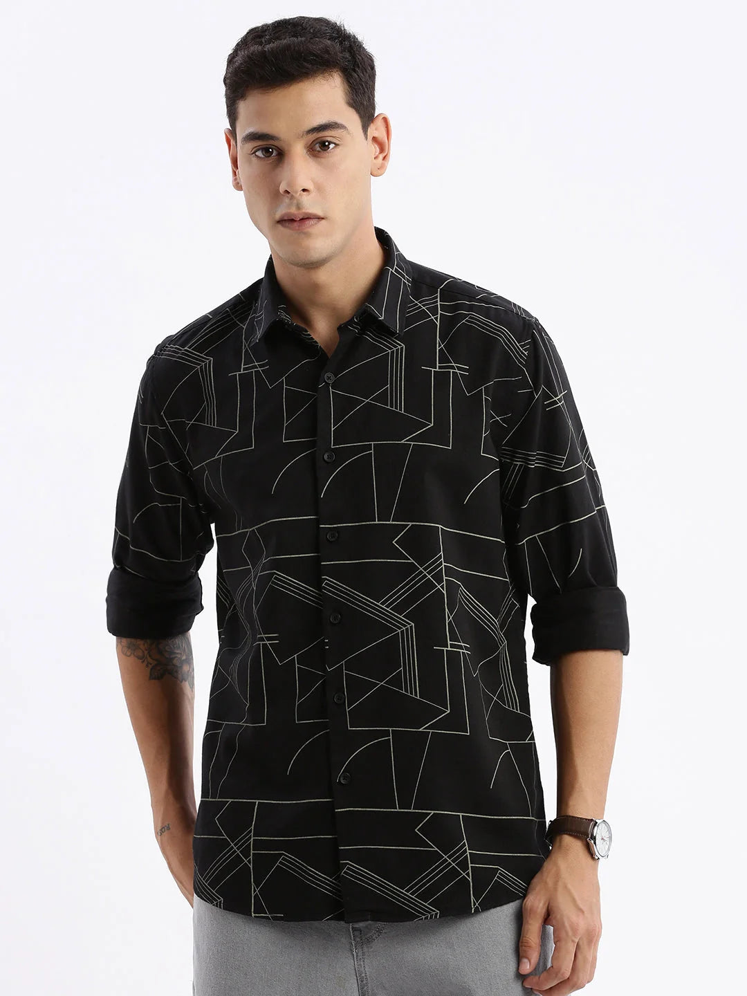 Mens Printed Slim Fit Cotton Shirt - Black DesiQlo Shirt