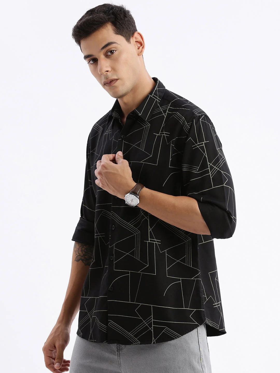 Mens Printed Slim Fit Cotton Shirt - Black DesiQlo Shirt