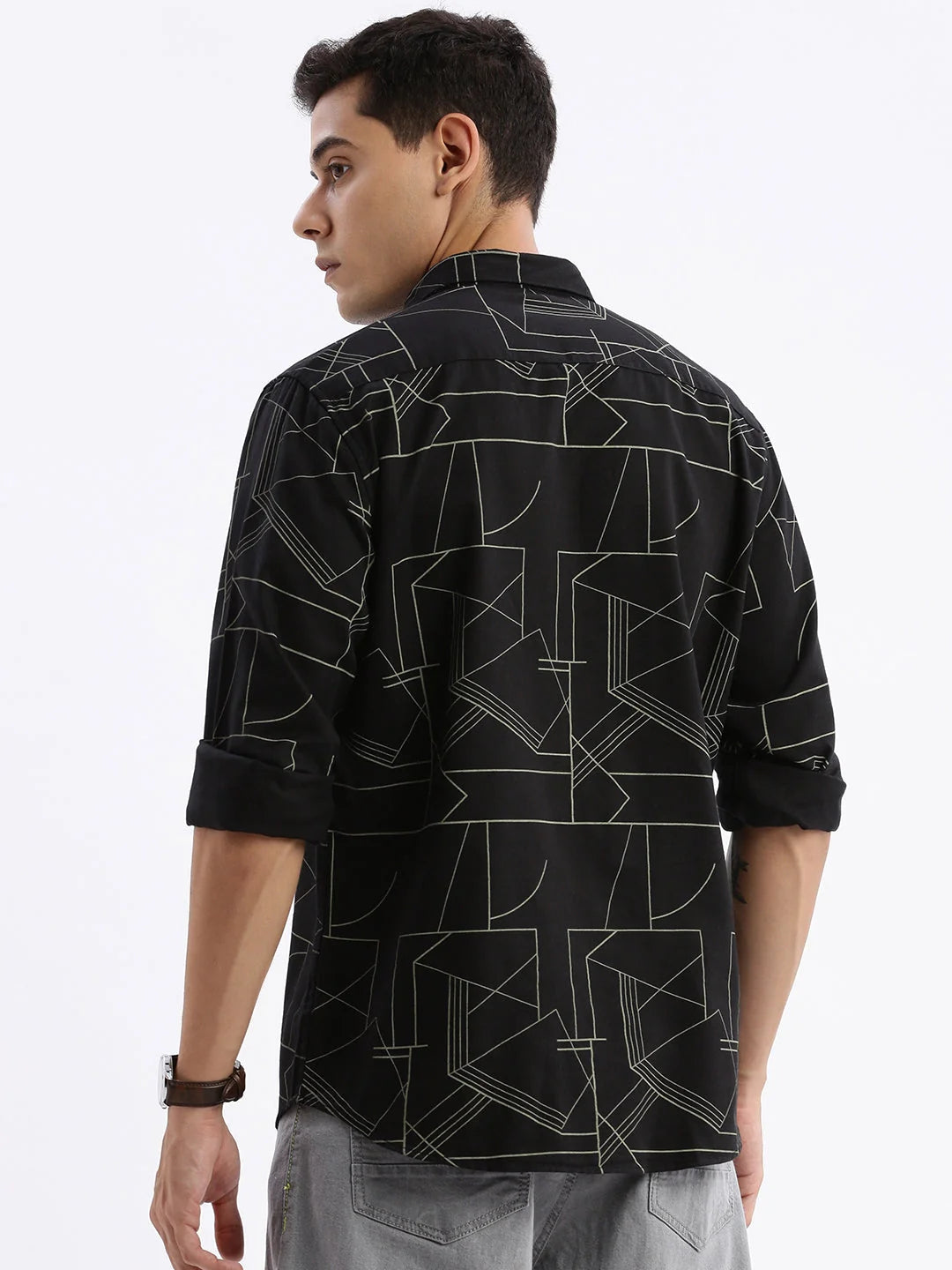 Mens Printed Slim Fit Cotton Shirt - Black DesiQlo Shirt