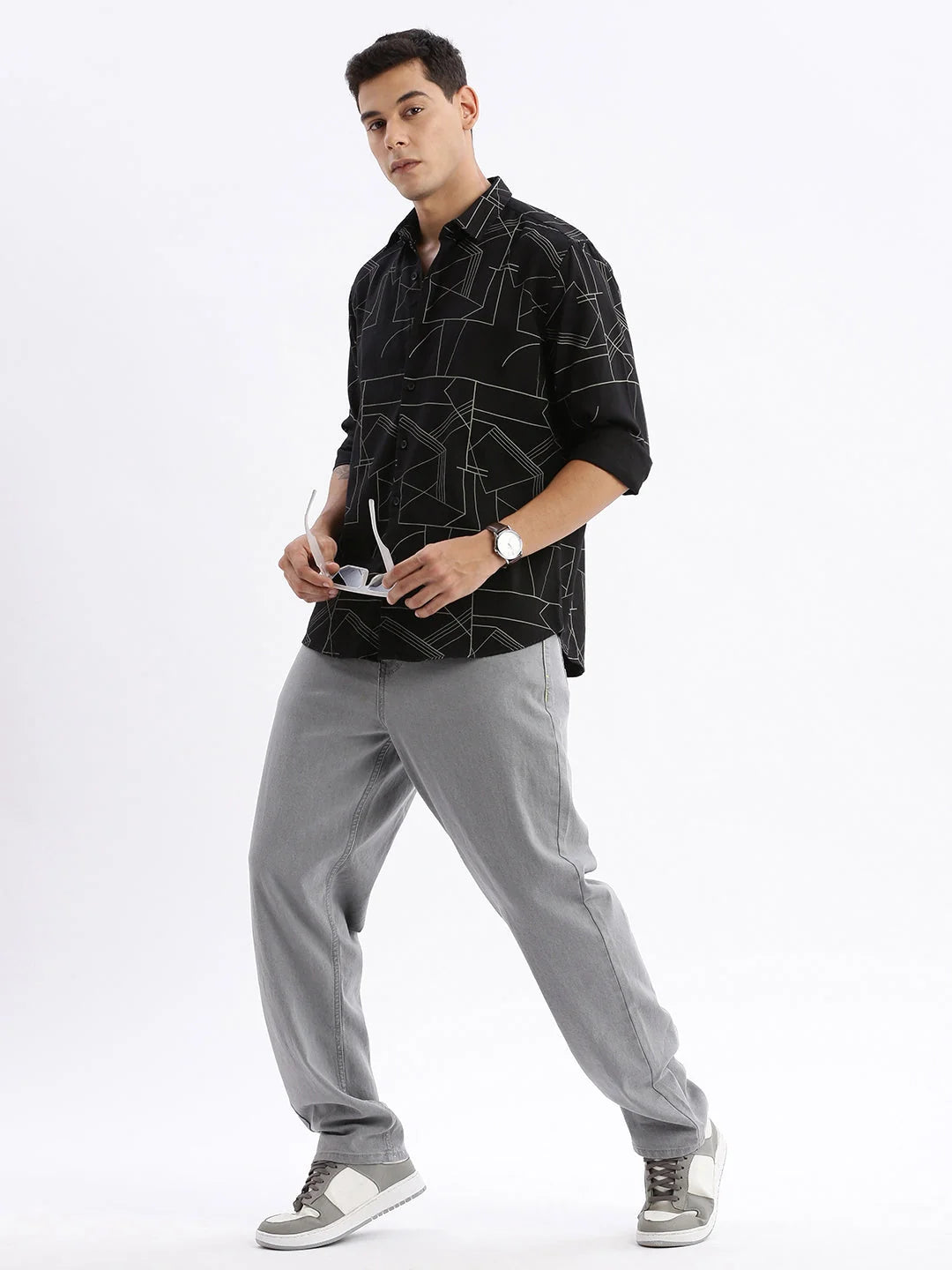 Mens Printed Slim Fit Cotton Shirt - Black DesiQlo Shirt