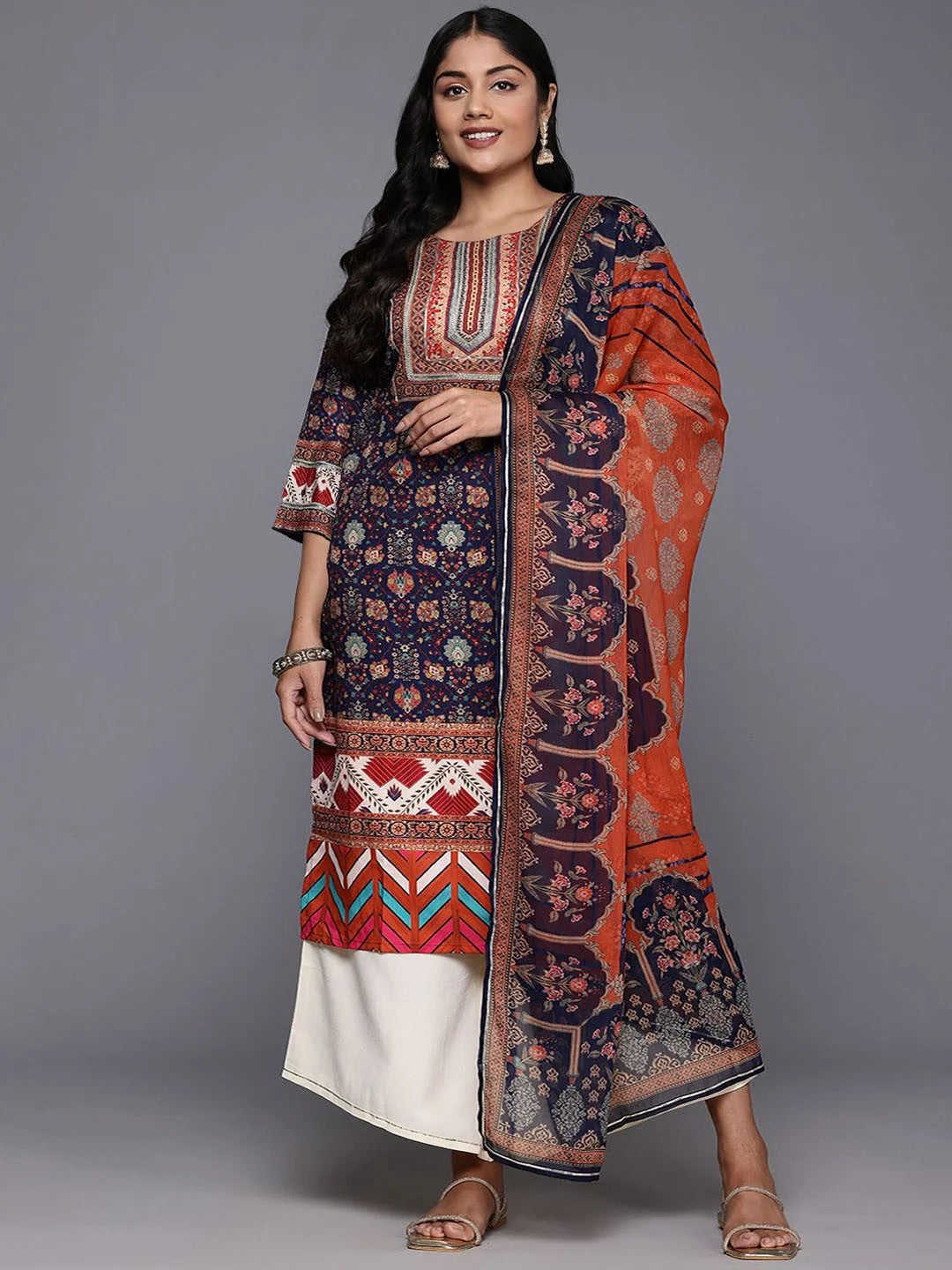 Floral Kurta and Palazzo Set with Dupatta - Gotta Patti Work