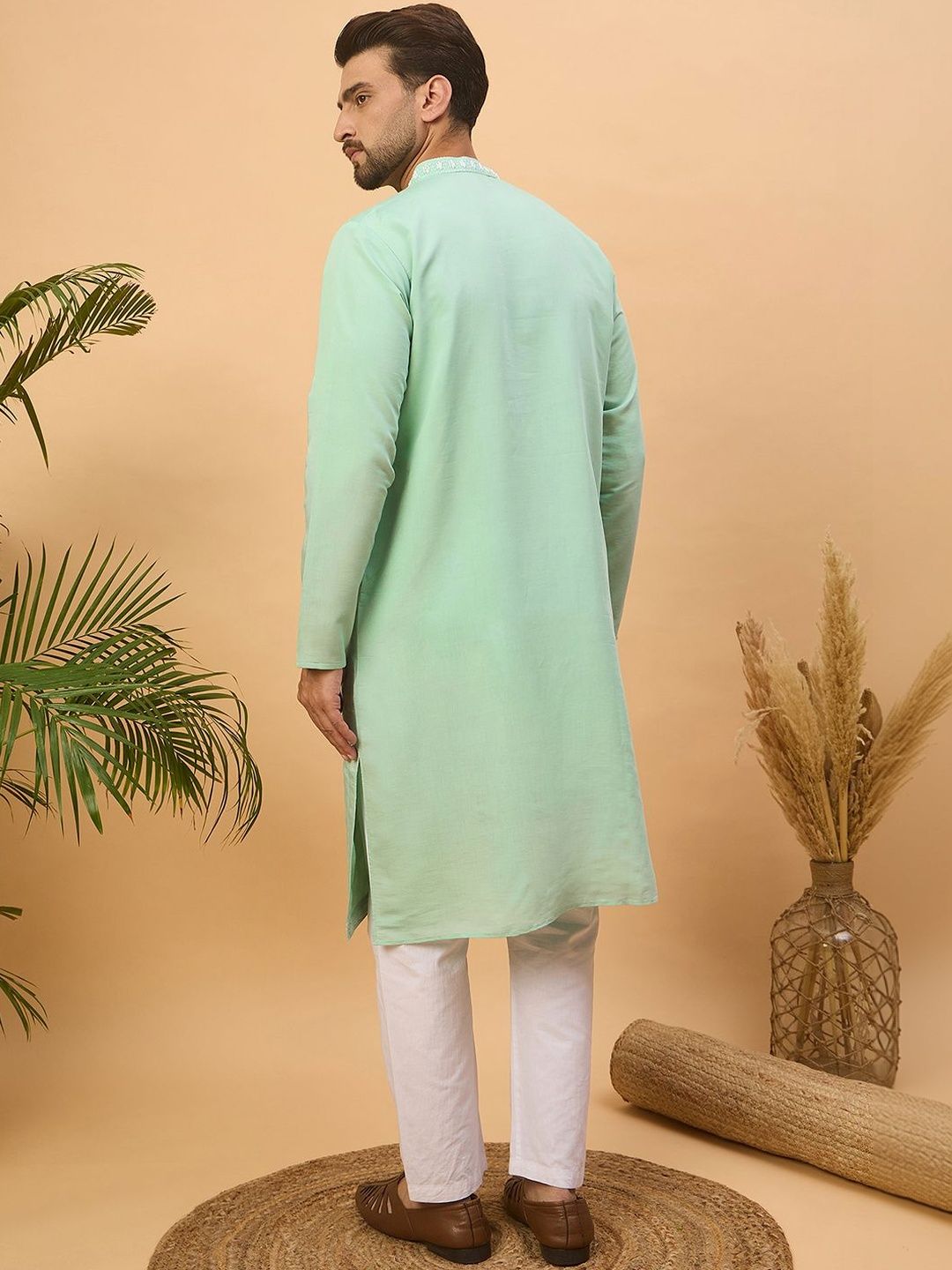 Ethnic Bay Men Blue Silk Blend Solid Embroidered Straight Kurta With Pant Set-MKSET1508