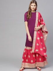 Women's Purple Poly Silk Solid Red Printed Sharara Set With Dupatta-AHKUDUGH-Combo-98
