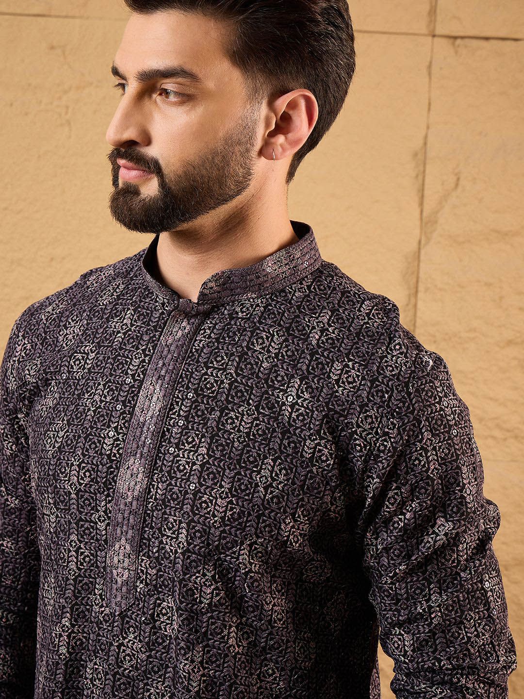 Ethnic Bay Mens Grey Viscose Rayon Ethnic Motifs Embroidered Chikankari Straight Kurta With Pant Set-MKSET1165