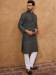 Ethnic Bay Men Black Silk Blend Geometric Printed Straight Kurta With Pant Set-MKSET1523