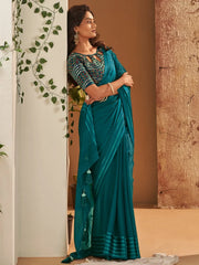 Women's Georgette Teal Blue Printed Designer Saree With Blouse Piece-LAGAN106