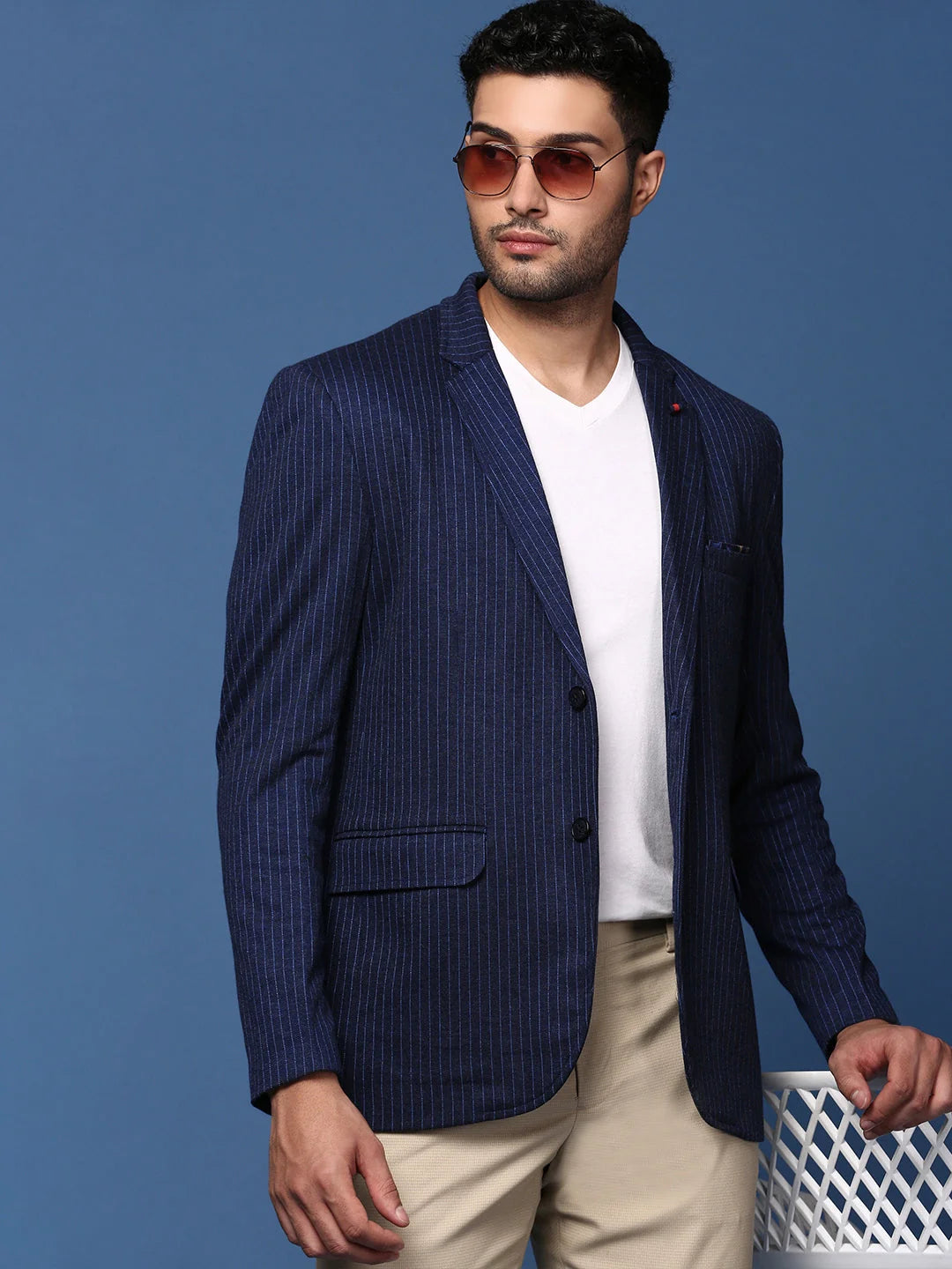 Navy Blue Striped Blazer | Modern Men's Ethnic Wear