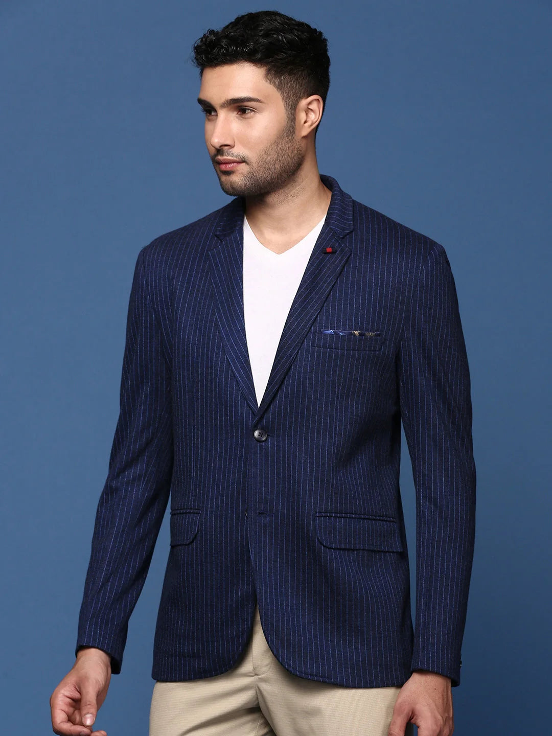 Navy Blue Striped Blazer | Modern Men's Ethnic Wear