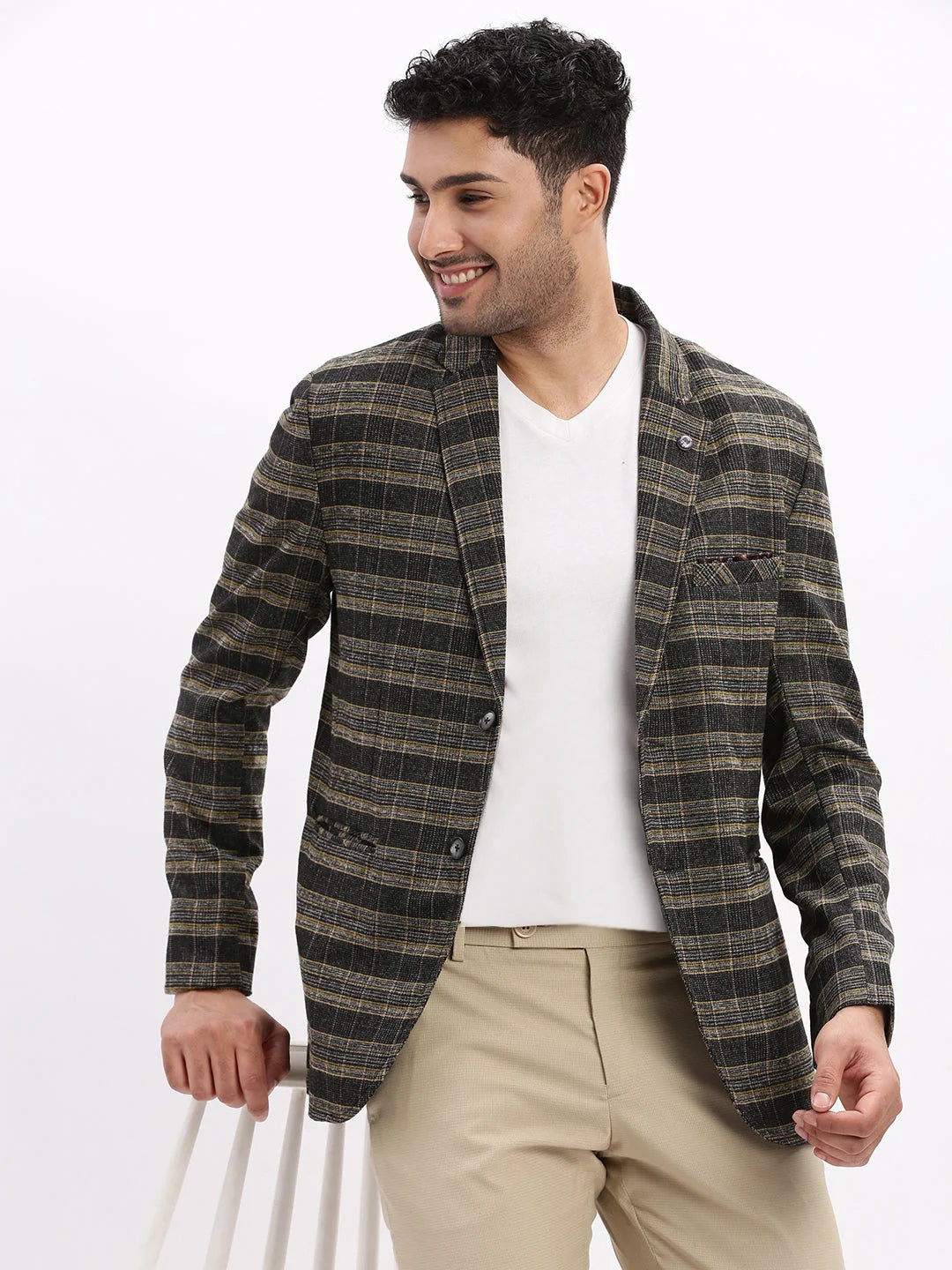 Men's Checked Black Blazer - Cotton Ethnic Nehru Jacket Style