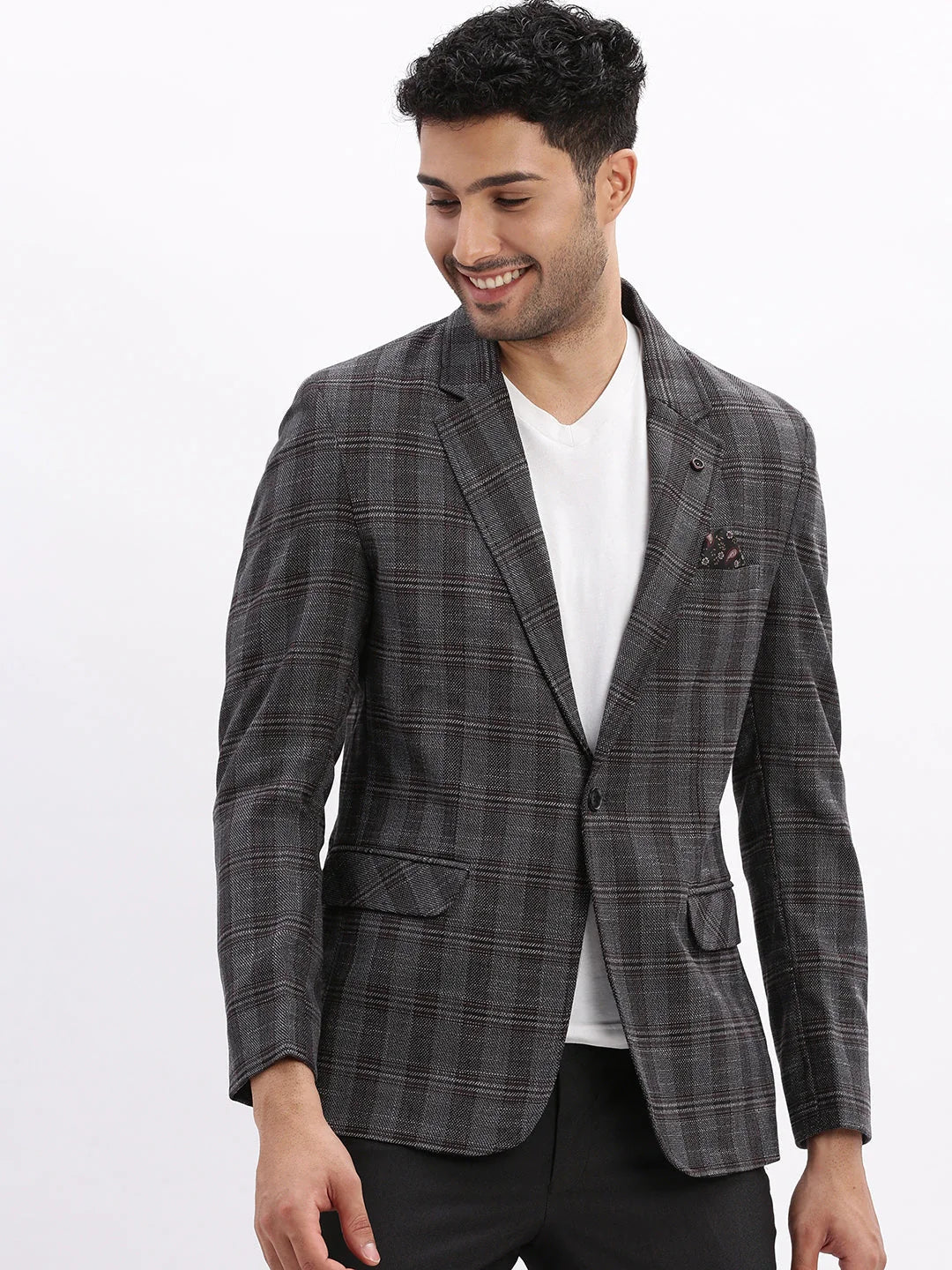 Charcoal Checked Blazer - Men's Ethnic Nehru Jacket in Cotton