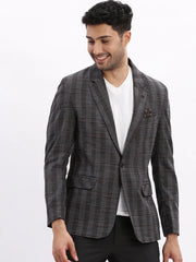 Men Checked Charcoal Single Breasted Blazer-LBR-2076-Charcoal