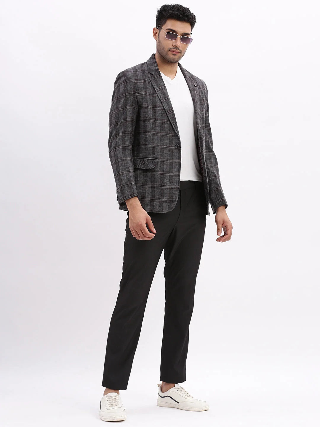 Charcoal Checked Blazer - Men's Ethnic Nehru Jacket in Cotton
