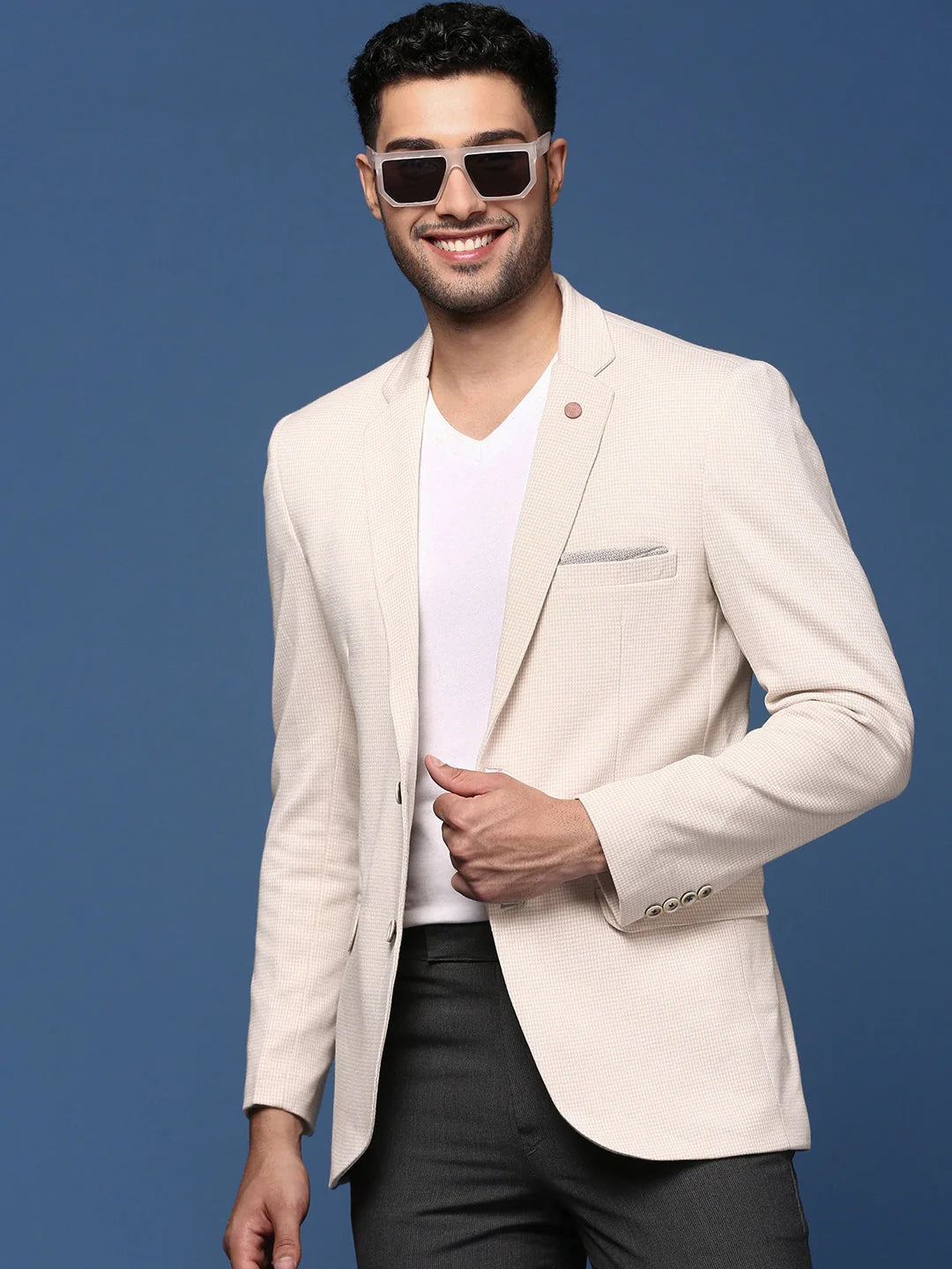 Men Cream Slim Fit Single Breasted Blazer-LBR-2407-Cream