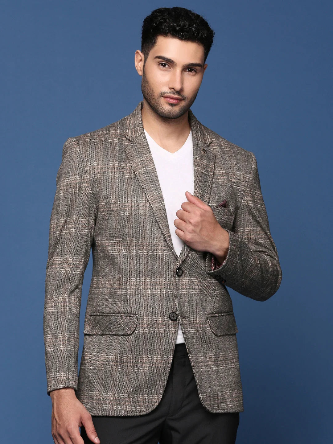 Men's Grey Checked Blazer - Classic Cotton Ethnic Nehru Jacket