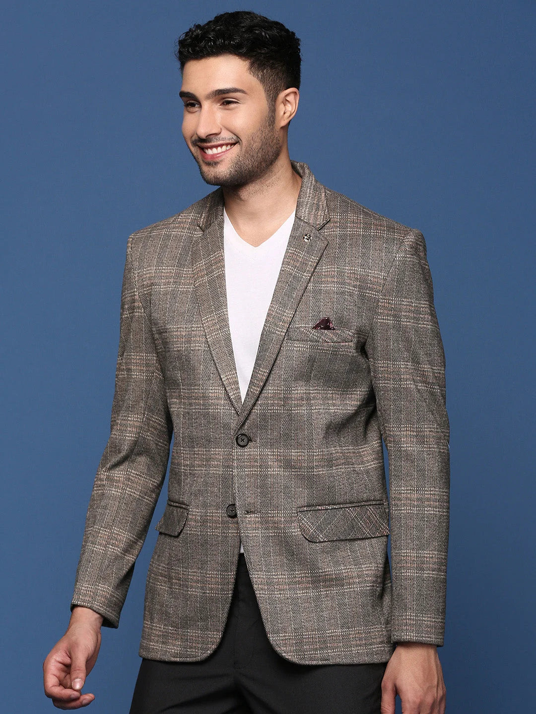 Men's Grey Checked Blazer - Classic Cotton Ethnic Nehru Jacket