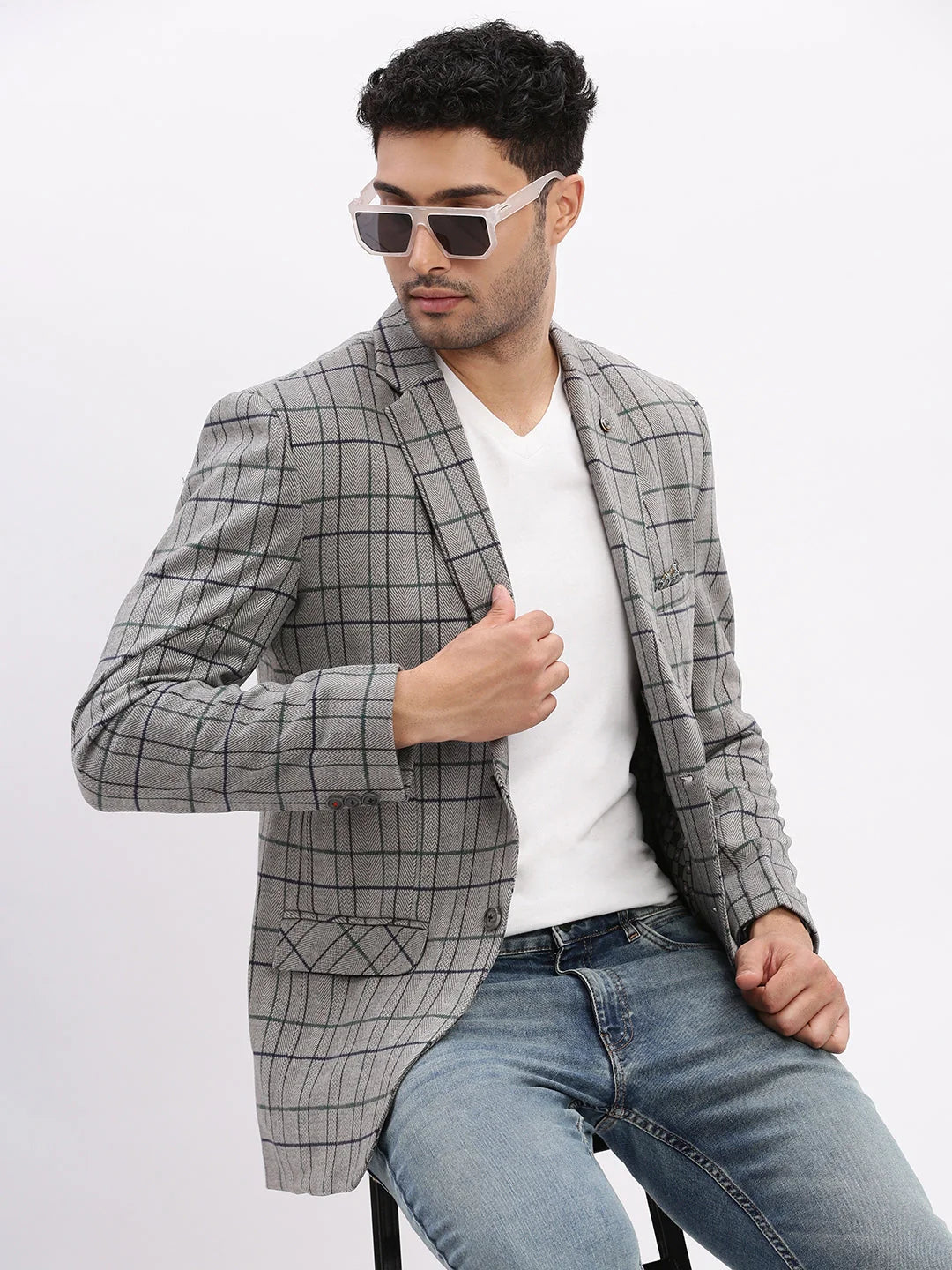 Checked Grey Blazer - Stylish Nehru Jacket for Wedding Option