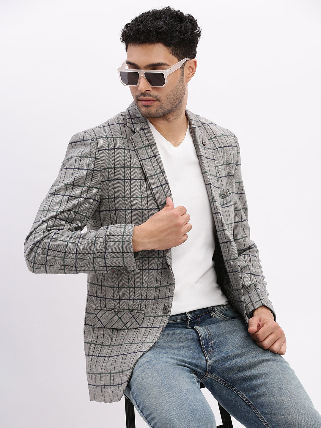 Men Checked Grey Single Breasted Blazer-LBR-2419-Grey