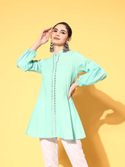 Mint Green Pure Cotton Silver Print Tunic-AHTUCOPG-8073-FF