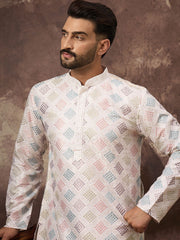 Ethnic Bay Men White Silk Blend Solid Embroidered Straight Kurta With Pant Set-MKSET1382