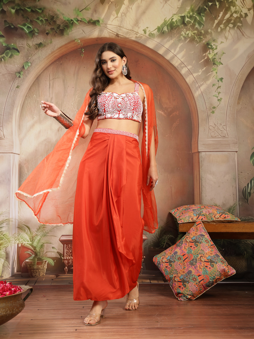 Women's Orange Solid & Embroidered Silk Draped Lehenga Choli With Shru
