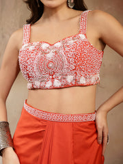 Stylum Women's Orange Solid & Embroidered Silk Draped Lehenga Choli With Shrug (LEHORANGEMIKA)