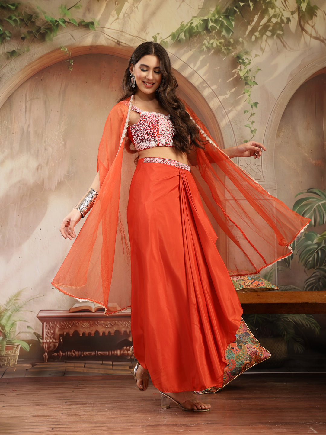 Women's Orange Solid & Embroidered Silk Draped Lehenga Choli With Shru