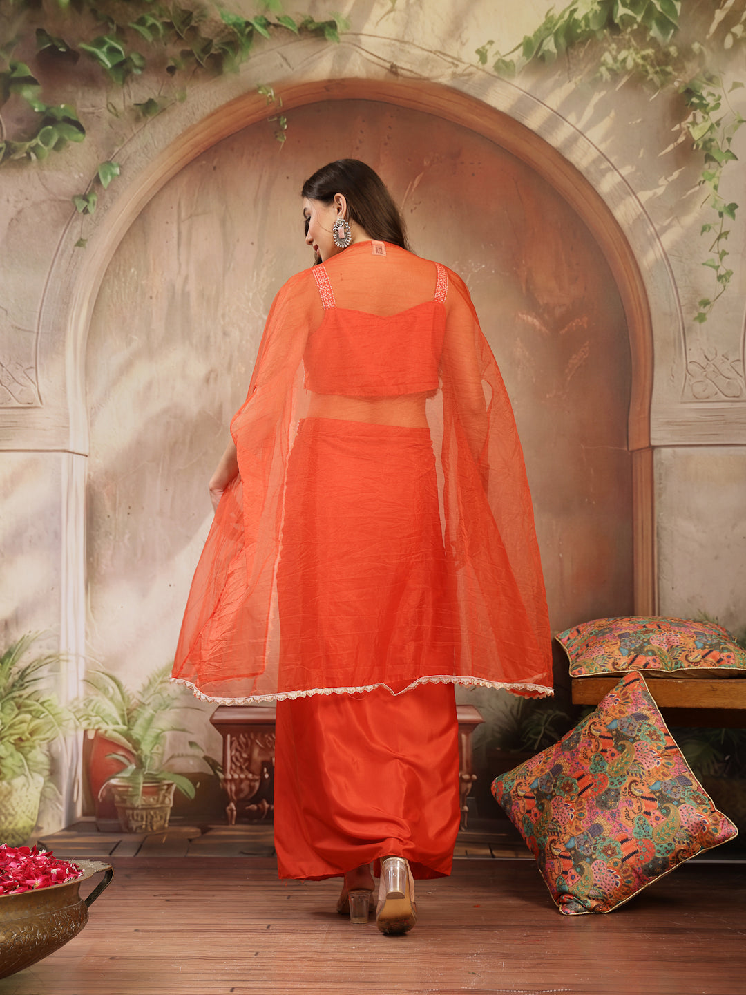 Women's Orange Solid & Embroidered Silk Draped Lehenga Choli With Shru