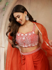 Stylum Women's Orange Solid & Embroidered Silk Draped Lehenga Choli With Shrug (LEHORANGEMIKA)
