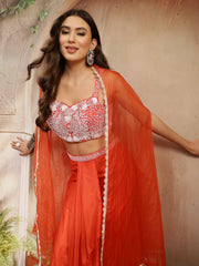 Stylum Women's Orange Solid & Embroidered Silk Draped Lehenga Choli With Shrug (LEHORANGEMIKA)