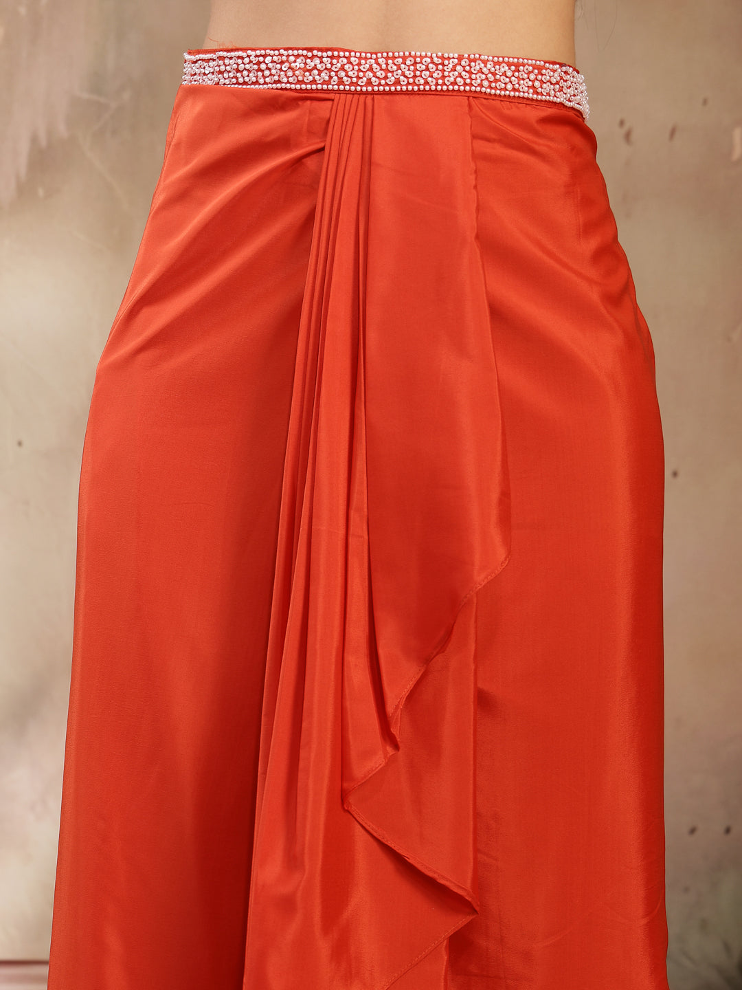 Women's Orange Solid & Embroidered Silk Draped Lehenga Choli With Shru