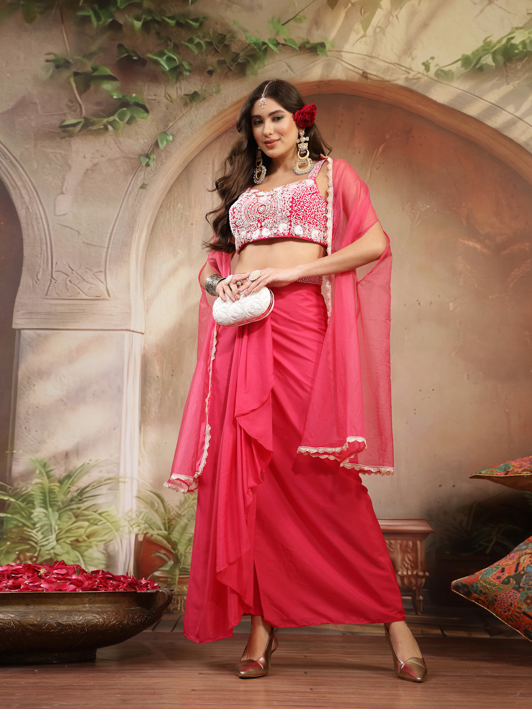 Women's Pink Solid & Embroidered Silk Draped Lehenga Choli With Shrug 