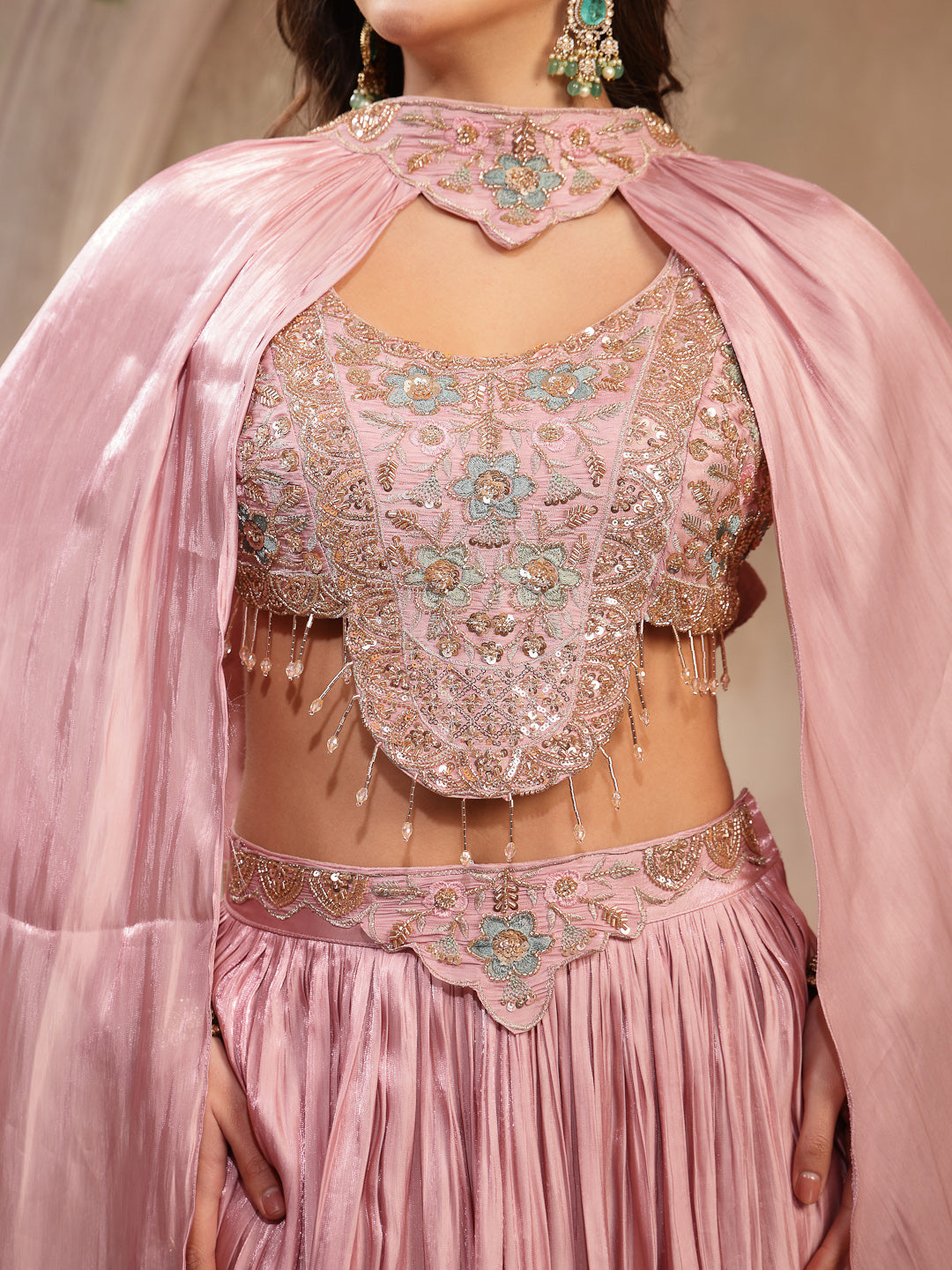 Women's Pink Solid & Embroidered Silk Lehenga Choli With Cape Dupatta 