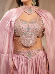 Stylum Women's Pink Solid & Embroidered Silk Lehenga Choli With Cape Dupatta (LEHPINKRAVI)