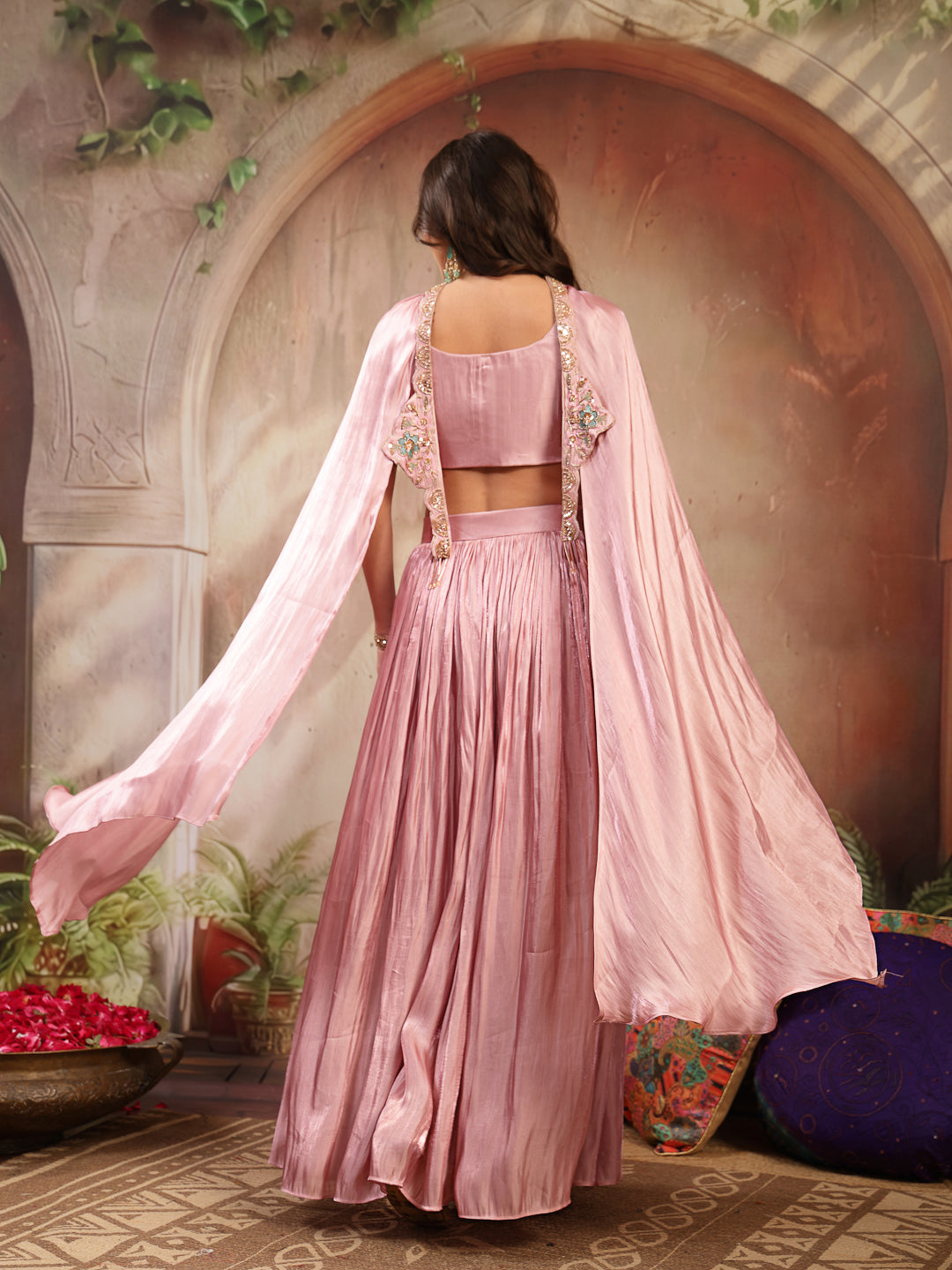 Women's Pink Solid & Embroidered Silk Lehenga Choli With Cape Dupatta 