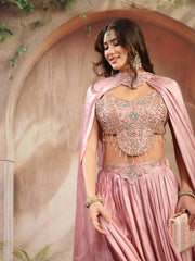 Stylum Women's Pink Solid & Embroidered Silk Lehenga Choli With Cape Dupatta (LEHPINKRAVI)
