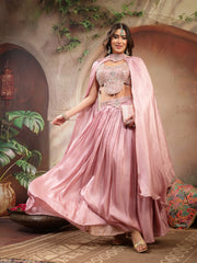 Stylum Women's Pink Solid & Embroidered Silk Lehenga Choli With Cape Dupatta (LEHPINKRAVI)