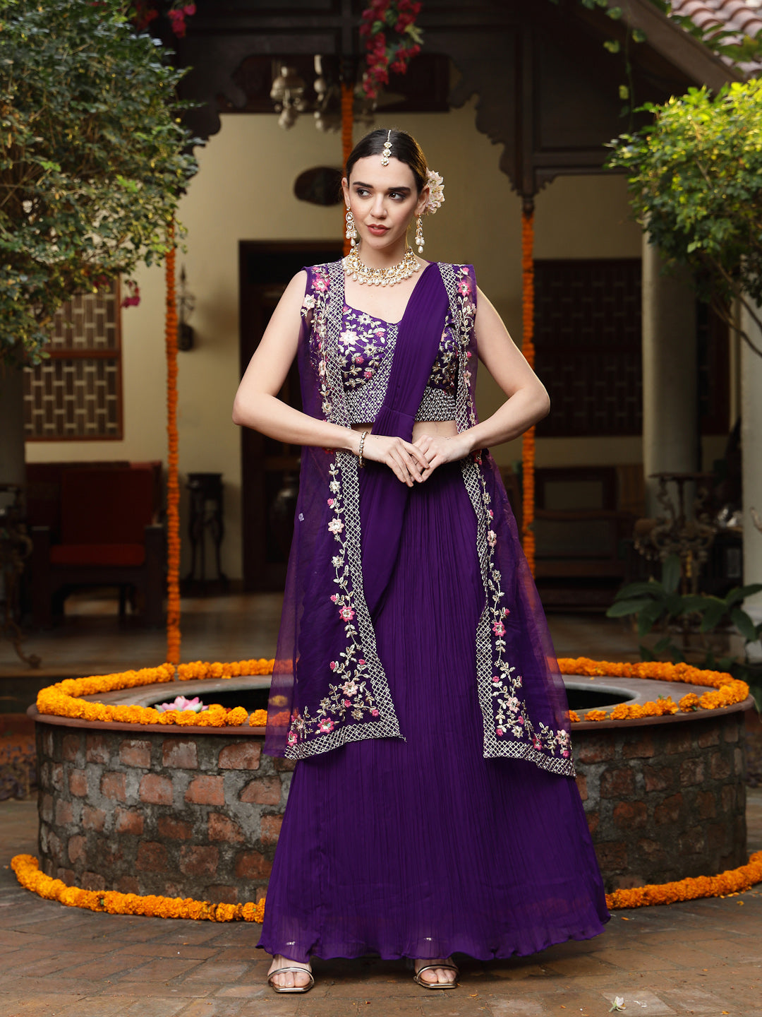 Women's Purple Printed & Embroidered Georgette Draped Lehenga Saree & 