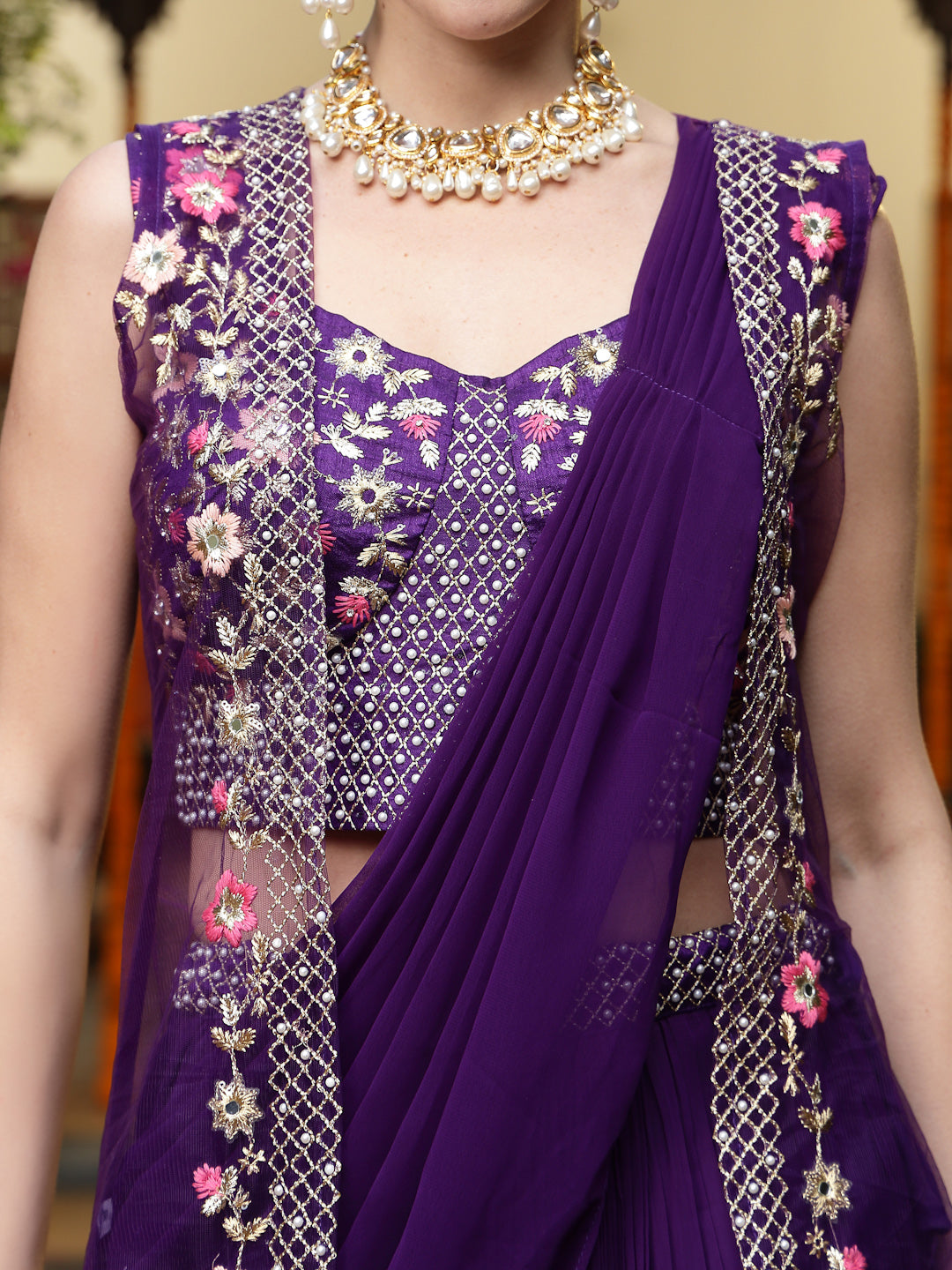 Women's Purple Printed & Embroidered Georgette Draped Lehenga Saree & 