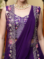 Stylum Women's Purple Printed & Embroidered Georgette Draped Lehenga Saree & Blouse with Shrug (LEHPURPLECOCO)