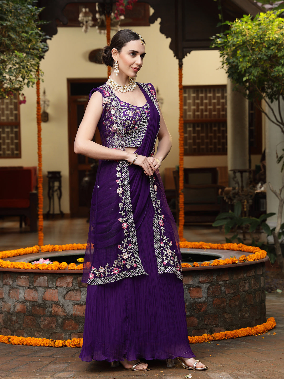 Women's Purple Printed & Embroidered Georgette Draped Lehenga Saree & 