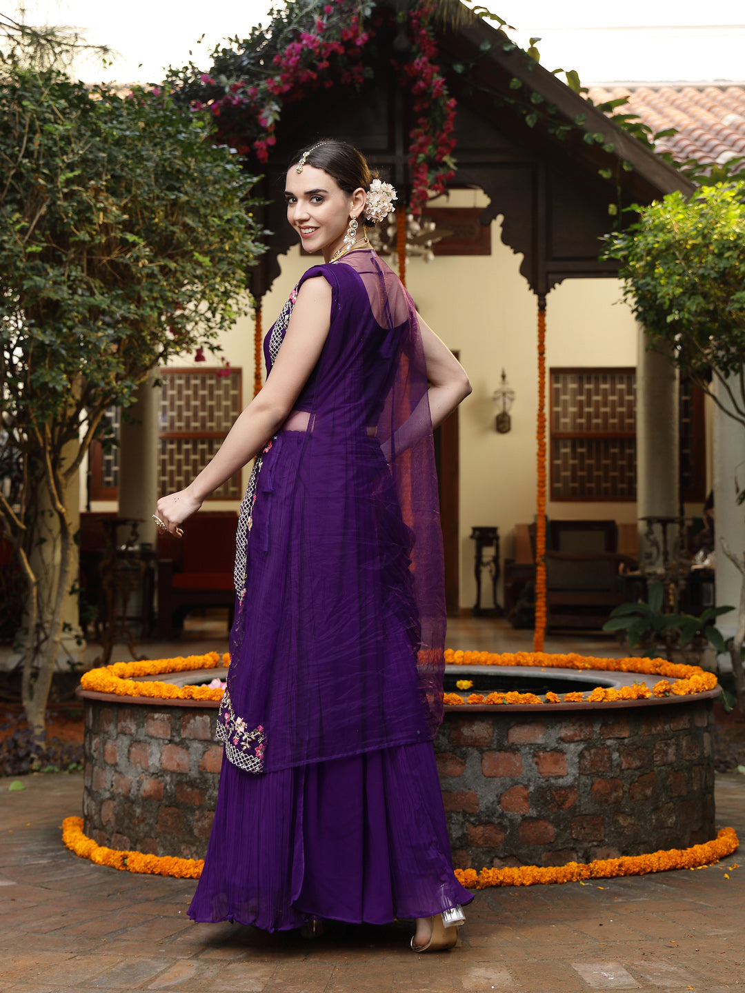 Women's Purple Printed & Embroidered Georgette Draped Lehenga Saree & 