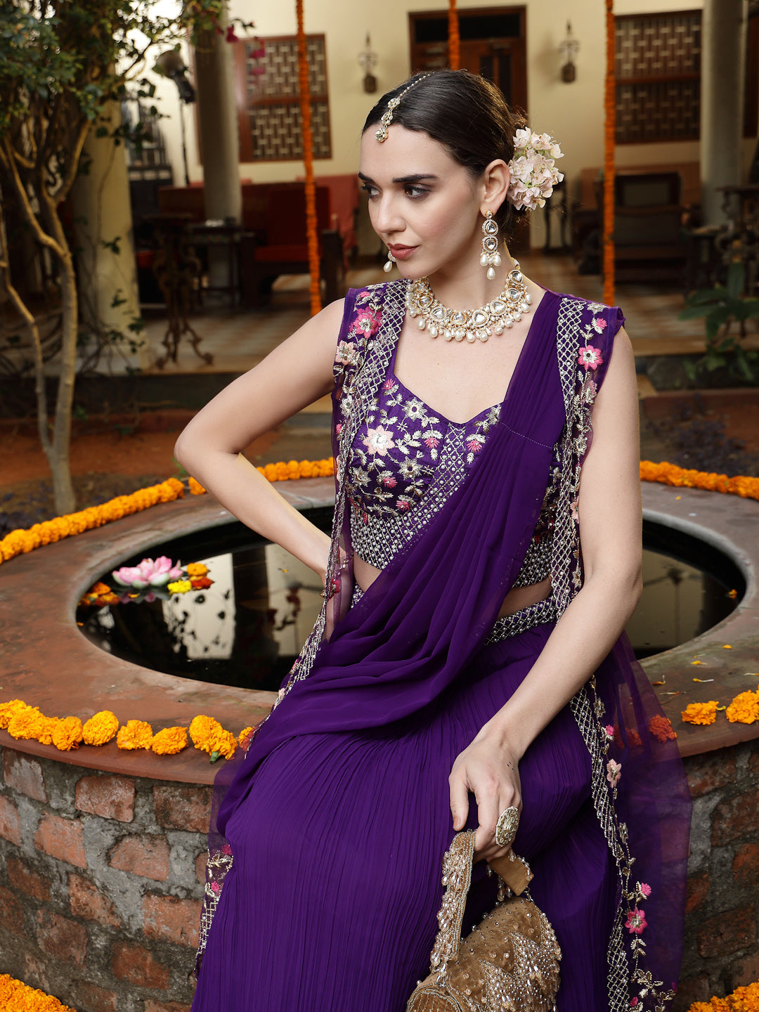 Women's Purple Printed & Embroidered Georgette Draped Lehenga Saree & 