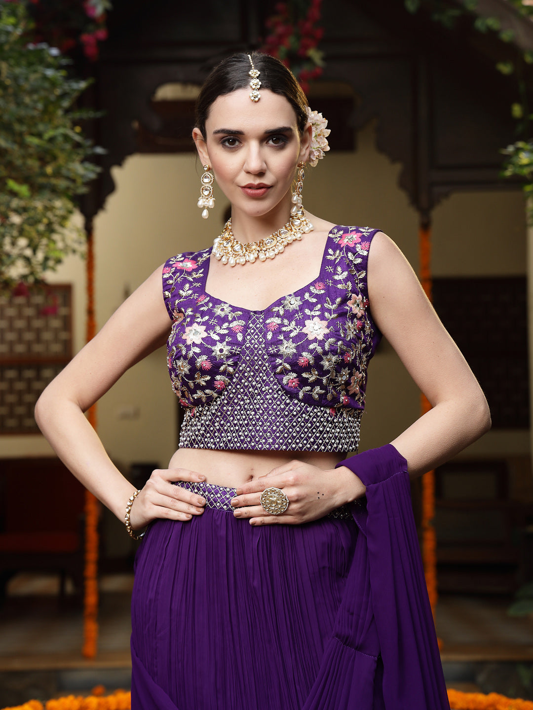 Women's Purple Printed & Embroidered Georgette Draped Lehenga Saree & 