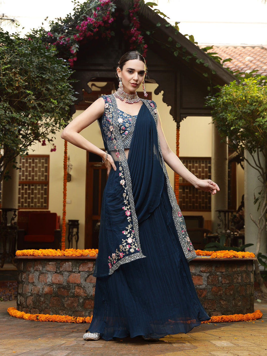 Women's Teal Printed & Embroidered Georgette Draped Lehenga Saree & Bl